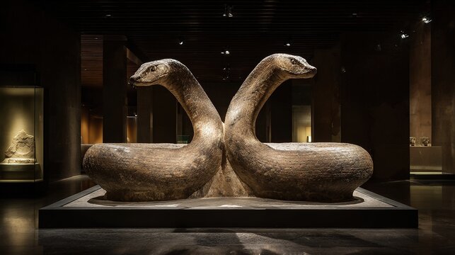 A fossilized two-headed serpent emerging dramatically from stone under museum lighting, evoking ancient mysteries.