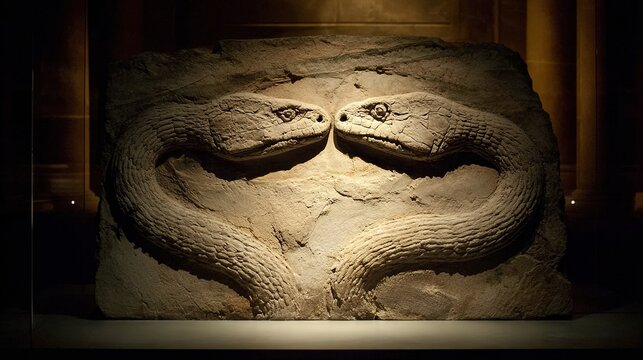 A fossilized two-headed serpent emerging dramatically from stone under museum lighting, evoking ancient mysteries.