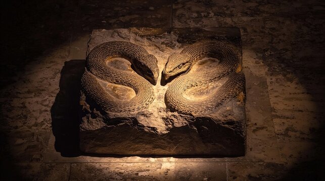 A fossilized two-headed serpent emerging dramatically from stone under museum lighting, evoking ancient mysteries.
