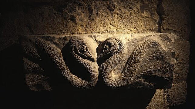 A fossilized two-headed serpent emerging dramatically from stone under museum lighting, evoking ancient mysteries.