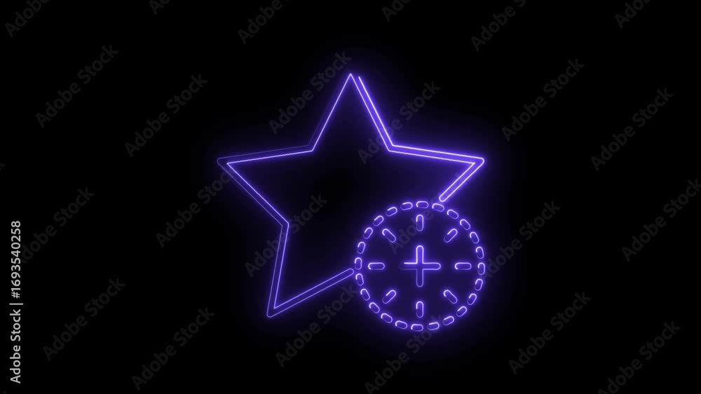 Poster glowing neon star with add symbol animation on black background for creative projects