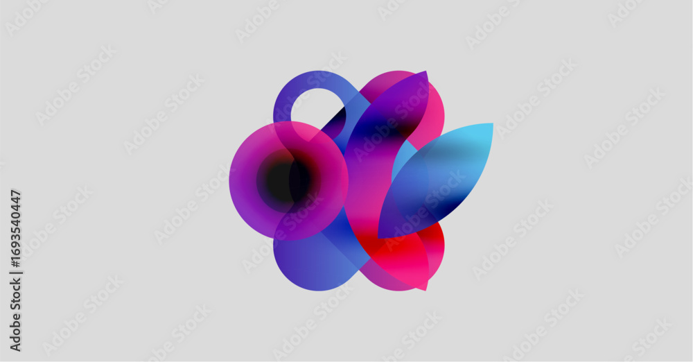 Poster abstract colorful shapes overlap, creating dynamic visual effect. soft gradients blend pinks, blues,