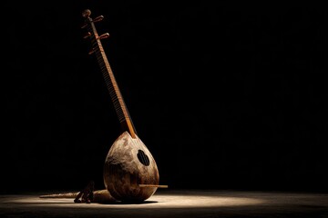 Antique Oud Instrument on Dark Stage, Dramatic Lighting.