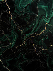 An abstract, luxurious pattern resembling polished malachite or green marble. Intricate veins of gleaming gold and delicate silver crackle across a deep black and emerald background, creating an opule