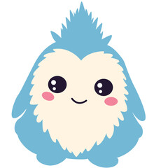 Cute blue bird with fluffy white feathers and big eyes, adorable kawaii animal character for kids' illustrations.

