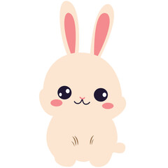 Adorable white bunny with long ears and rosy cheeks, cute kawaii animal character for kids’ content or Easter themes.

