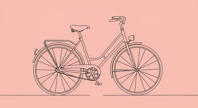 Fototapeta Simple line drawing of a vintage bicycle against a pale pink backdrop.