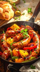 Grilled sausages with peppers and onions