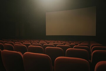 Empty cinema theater rows and screen waiting for audience entertainment and movie projection