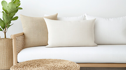 Cozy sofa with decorative pillows and plant, creating serene atmosphere
