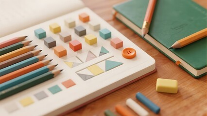 Naklejka premium A collection of colorful pencils, erasers, and small cubes arranged on an open notebook, suggesting creativity and art supplies, with a second closed notebook in the background