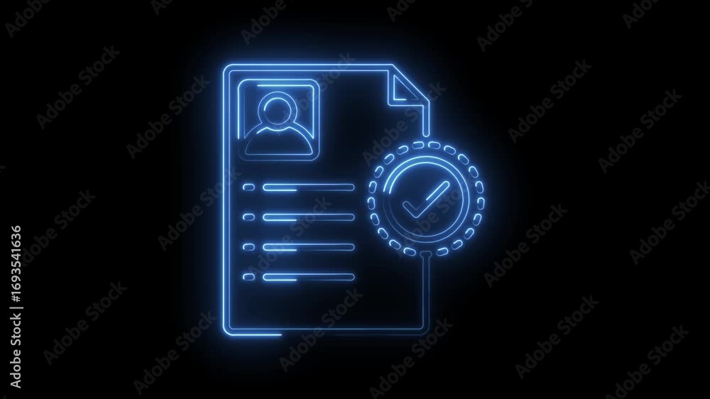 Poster glowing neon profile resume with check mark confirmation on black background animation
