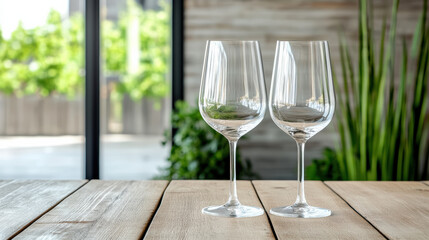Elegant crystal wine glasses on wooden table, surrounded by greenery, create serene atmosphere