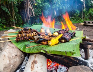 Grilled skewers and vegetables over an open fire