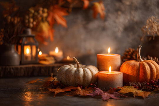 Cozy autumn scene with glowing candles, pumpkins, and warm fall leaves creates inviting ambiance