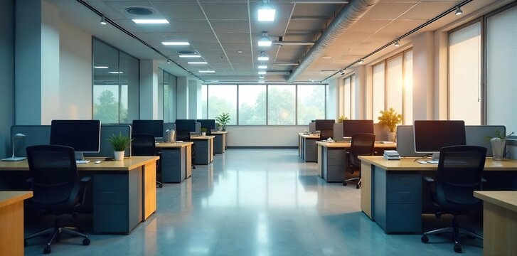 Empty office desks, closed doors, deserted hallways suggest a company downsizing or relocation A sense of quiet emptiness prevails in this post-occupancy scene , architecture, economy