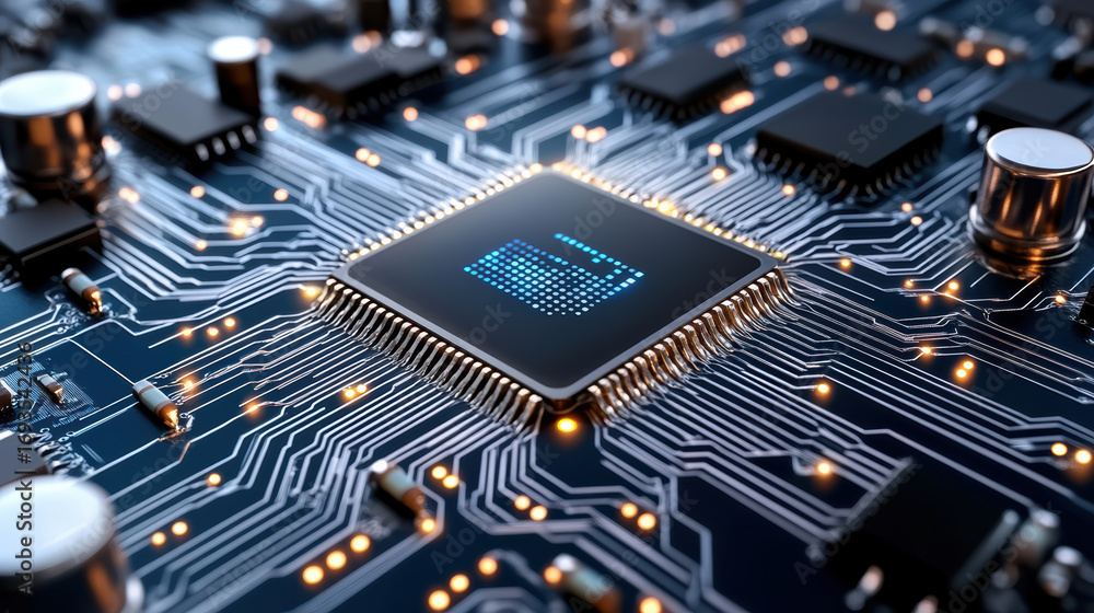 Poster close up of microprocessor on circuit board with intricate details and glowing elements