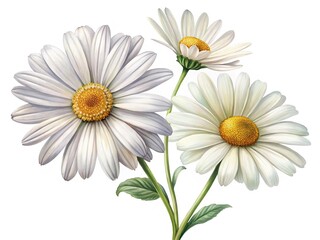 Obraz premium Three White Daisies with Yellow Centers on a White Background, Beautiful Still Life