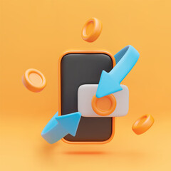 3d cashback arrow transaction concept. Realistic mobile phone with credit card, flying gold coins around and blue arrow. Cashback and money refund icon. Vector illustration on yellow background