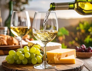 グラスに注がれている白ワインとチーズと葡萄	