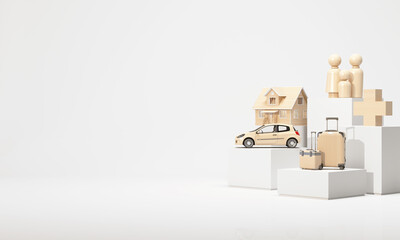 Minimal 3D render with house, car, family, luggage, and medical cross on podiums showing insurance, savings, and lifestyle planning 3d rendering.
