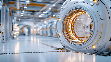 Close up of futuristic docking module with illuminated details, showcasing advanced technology