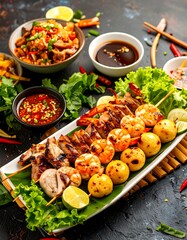 Grilled skewers with assorted seafood and meat, served with sauces