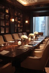 A private dining room filled with executives Elegant table settings frame the discussions The mood feels exclusive and strategic, Generative AI