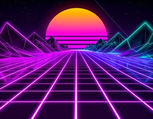 Retrofuturism Neon Grid Landscape