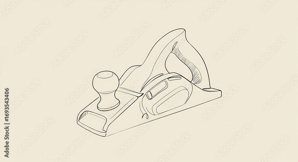 Poster detailed line drawing of a hand plane, showcasing its complex structure and ergonomic design element