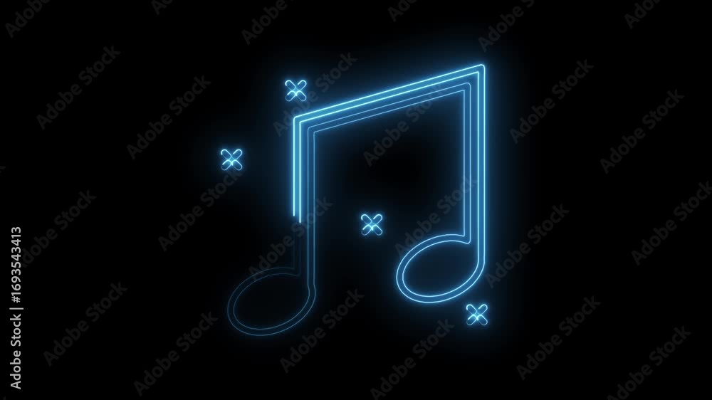 Poster musical note with glowing neon light effect on black background with sparkles animation