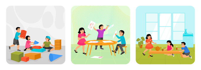 Fototapeta premium Children Building Blocks. Drawing and Coloring on Paper. Enjoying Tea Time.