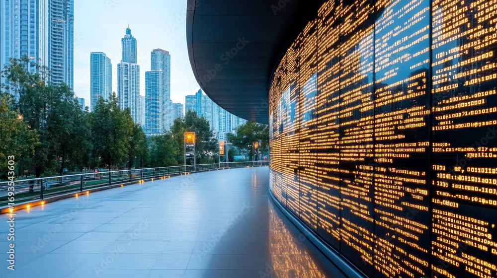 Poster digital display of encrypted code modern architecture urban landscape city skyline technology