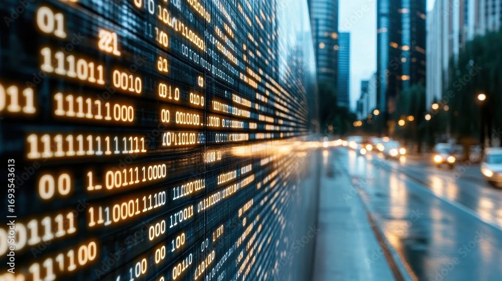 Poster close up of binary code display with cityscape background, showcasing technology and innovation