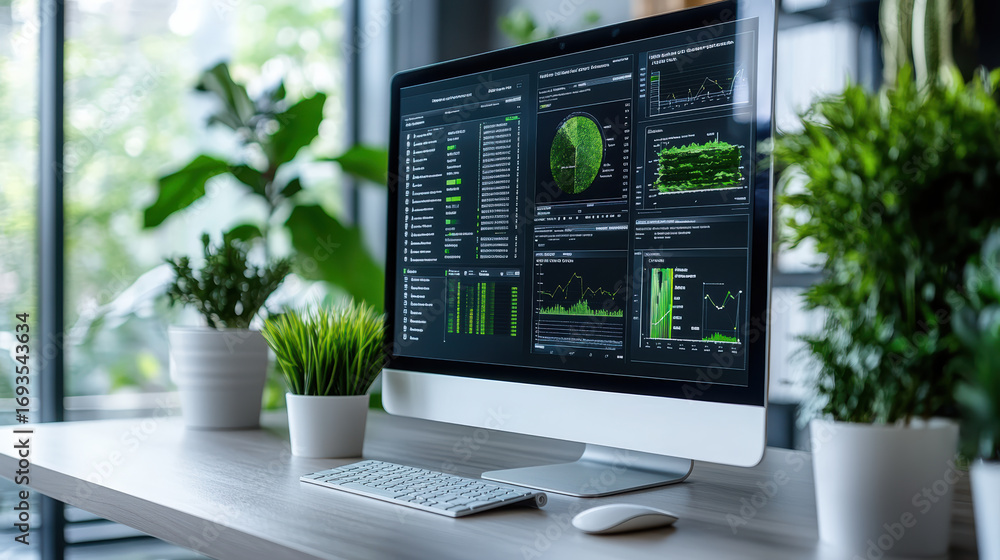Poster sleek energy monitoring dashboard displayed on modern computer, surrounded by greenery