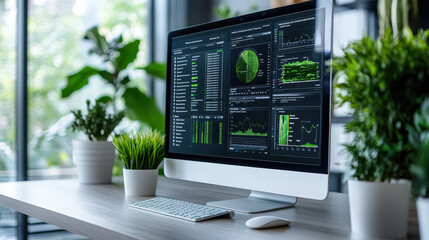 Sleek energy monitoring dashboard displayed on modern computer, surrounded by greenery