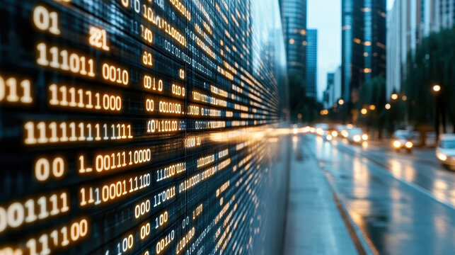 Close up of binary code display with cityscape background, showcasing technology and innovation