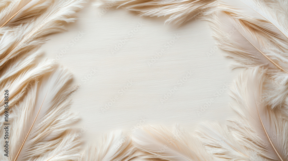 Poster soft feathers frame light background, creating serene and elegant atmosphere