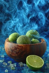 Obraz premium Limes in a Wooden Bowl with Blue Background