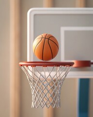 Fototapeta premium Miniature orange basketball hovering above a white net on a red hoop