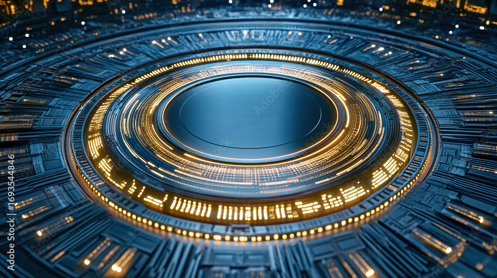 Poster futuristic digital coin design with intricate patterns and glowing elements, showcasing