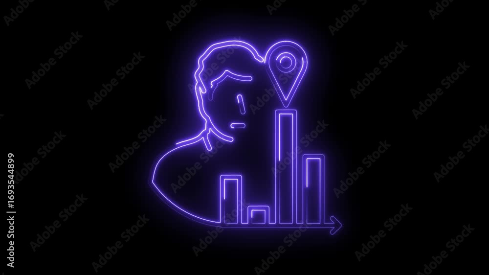 Poster neon man with graph data and location pin icon design animation loop
