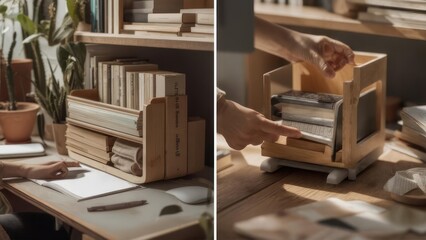 Wooden organizer for books and papers on a desk