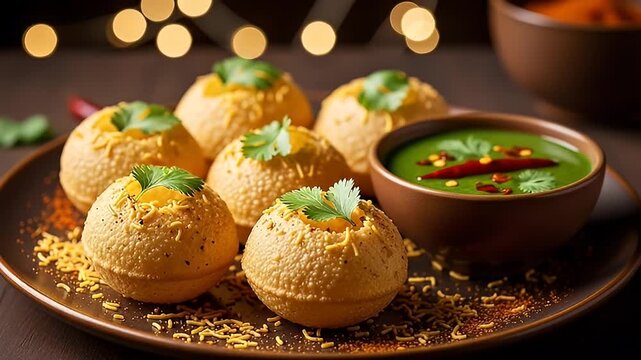Indian Pani Puri Display with Green Mint Chutney and Chilies on Brown Plate Against Dark Wood and Bokeh Lights