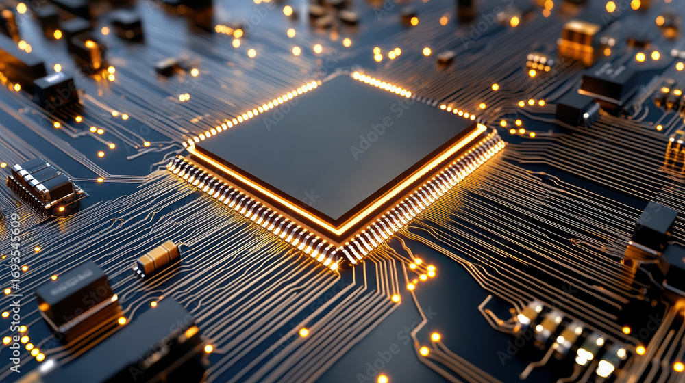 Poster close up of glowing circuits on microchip with intricate details and vibrant lights