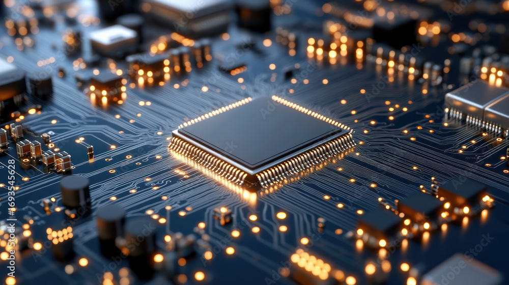 Poster close up of glowing circuits on microchip with intricate details and vibrant lights