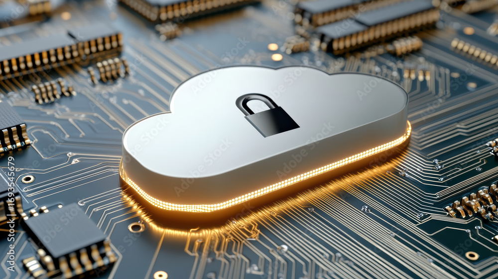 Poster cloud storage icon with lock circuit board background, symbolizing data security and technology