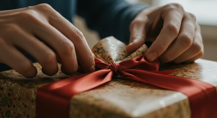 Hands carefully adjusting a festive red ribbon bow on a gift box wrapped in decorative paper.