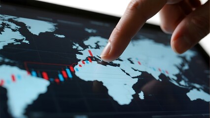 A finger points to a digital world map displaying financial data and stock market trends, illustrating global economic analysis and investment strategies on a screen