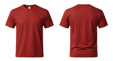 Naklejka premium Front and back view of a deep rust-colored blank men's t-shirt, showcasing a simple crew neck.